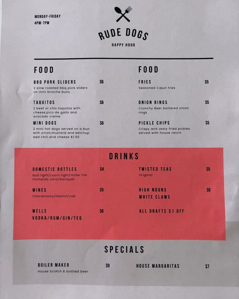 rude dog bar and grill happy hour menu 2024